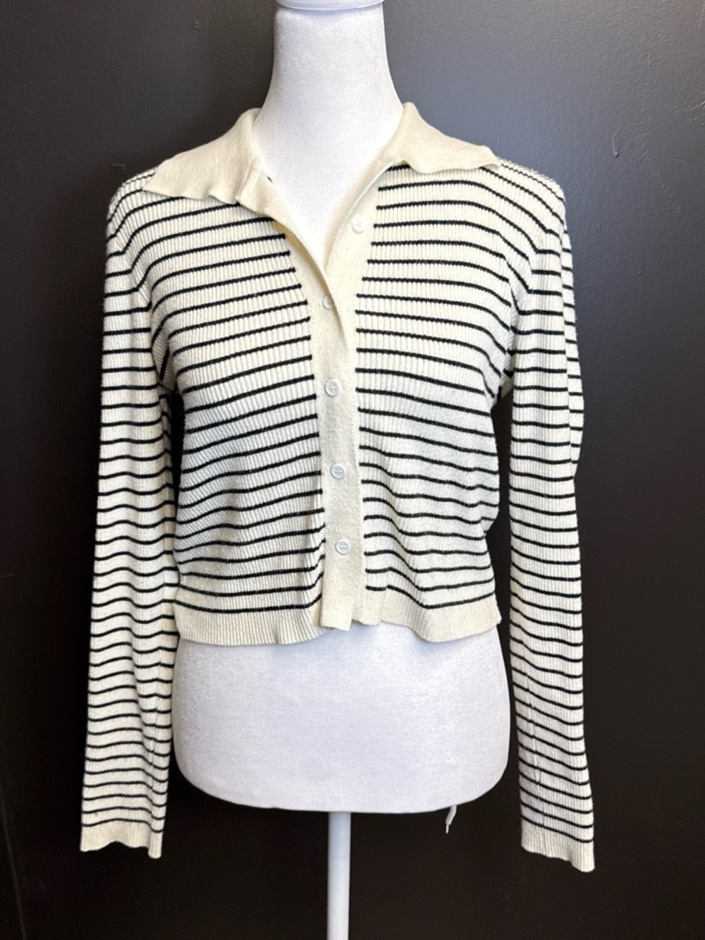 RIHOAS Cream and Black Striped Button-Front Knit Top